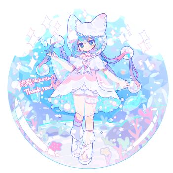 1girl absurdres animal_ear_helmet animal_ears_helmet animal_helmet aqua_eyes aqua_hair bare_shoulders blue_hair bright_pupils cat_helmet caustics closed_mouth commentary_request commission commissioner_name coral dot_nose dress expressionless fish floating_hair flying_fish full_body hand_up head_tilt highres iridescent long_hair long_sleeves multicolored_hair no_socks off-shoulder_dress off_shoulder original pink_dress pink_hair puffy_long_sleeves puffy_sleeves rock round_image second-party_source see-through_clothes see-through_skirt_layer see-through_sleeves shoes shorts skeb_commission soap_bubbles solo sparkle starfish thank_you thigh_strap uenomigi very_long_hair white_pupils white_shoes white_shorts