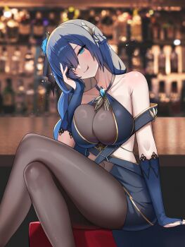 1girl absurdres black_survival blue_bridal_gauntlets blue_eyes blue_flower blue_lips blue_nails blurry blurry_background blush braid breasts bridal_gauntlets collarbone commentary_request crossed_legs eternal_return:_black_survival flower hair_flower hair_ornament highres lapis0_0 large_breasts lenore_(black_survival) long_hair navel pantyhose sitting solo