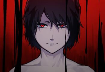 1boy aged_down black_hair bleach child closed_mouth collarbone commentary_request konetaa looking_at_viewer male_focus portrait red_background red_eyes short_hair simple_background solo straight-on yhwach
