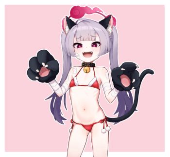 1girl :d animal_ears animal_hands bell bikini black_collar blue_archive border cat_ears cat_tail collar commentary cowboy_shot fake_animal_ears fake_tail flat_chest fur-trimmed_bikini fur_trim gauze gauze_on_cheek gloves grey_hair halo hands_up highres jingle_bell leviathan_lvat loli long_hair looking_at_viewer neck_bell open_mouth outline outside_border paw_gloves pink_background purple_eyes purple_halo red_bikini santa_bikini santa_costume shuro_(blue_archive) side-tie_bikini_bottom simple_background smile solo swimsuit tail teeth twintails upper_teeth_only white_border white_outline