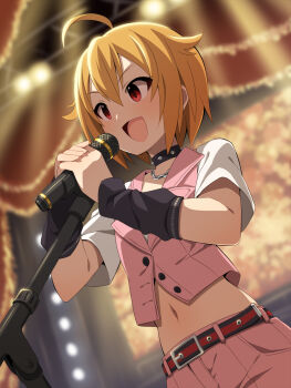 Rule 34 | 1girl, :d, ahoge, aisle (idolmaster), arm warmers, belt, belt buckle, black choker, blonde hair, blurry, blurry background, buckle, choker, commentary request, depth of field, hair flaps, highres, holding, holding microphone, ibuki tsubasa, idolmaster, idolmaster million live!, microphone, microphone stand, navel, open mouth, pink shorts, pink vest, red eyes, short hair, short sleeves, shorts, smile, solo, spiked choker, spikes, uccow, v-shaped eyebrows, vest