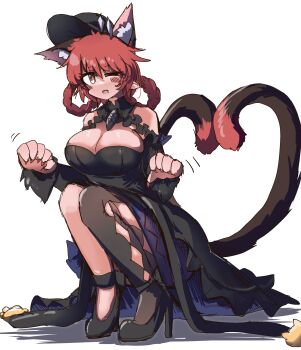 1girl absurdres animal_ear_fluff artist_name bare_shoulders black_dress black_hat black_shoes black_thighhighs blush braid breasts cat_girl cat_tail cleavage clothing_cutout commentary_request dress extra_ears eye20806972 full_body hat heart heart_tail heart_tail_duo high_heels highres kaenbyou_rin kaenbyou_rin_(pikara_flame) large_breasts looking_at_viewer multiple_tails one_eye_closed open_mouth pointy_ears red_eyes red_hair red_nails shoes single_thighhigh sitting solo tail thighhighs touhou touhou_lostword twin_braids two_tails