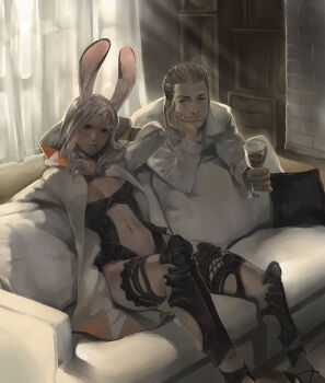 00s 1boy 1girl alcohol animal_ears balflear blonde_hair blouse breasts cleavage collared_shirt couch couple cup dark-skinned_female dark_skin drinking_glass final_fantasy final_fantasy_xii fran_(ff12) fujikawa_akira glass ivalice_alliance navel rabbit_ears revealing_clothes shirt sitting sunlight viera white_hair white_mage_(final_fantasy) white_shirt white_upholstery wine wine_glass