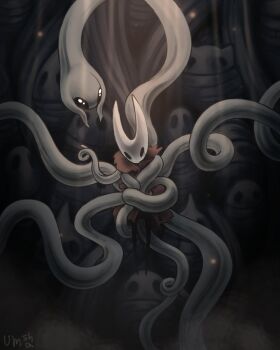 1girl arthropod_girl artist_name black_skin blood cloak colored_skin full_body highres hollow_knight hollow_knight:_silksong horned_mask hornet_(hollow_knight) marchel45952219 mask red_cloak statue tentacles white_mask