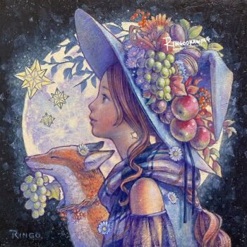 1girl apple bare_shoulders brown_hair commentary_request dress earrings flower food fox fruit full_moon grapes grey_eyes hat highres jewelry light_smile long_hair moon oil_painting_(medium) original painting_(medium) ponytail profile ringodrawing solo star_(symbol) star_earrings traditional_media upper_body witch_hat