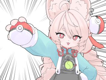 1girl ahoge animal_ear_fluff animal_ears black_dress blue_shirt braid commentary_request dress furry furry_female hair_ornament highres holding holding_poke_ball long_hair neko_t_chan nintendo pinafore_dress pink_hair poke_ball poke_ball_(basic) poke_ball_hair_ornament pokemon rabbit_ears rabbit_girl red_eyes shirt sleeveless sleeveless_dress solo sphere_hair_ornament thick_eyebrows twin_braids very_long_hair zenless_zone_zero zhao_(zenless_zone_zero)