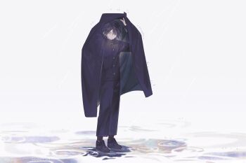 1boy artist_name black_coat black_jacket black_pants black_shoes black_socks bungou_stray_dogs buttons coat commentary edogawa_ranpo_(bungou_stray_dogs) full_body gakuran harechi highres jacket male_focus pants rain school_uniform shoes simple_background socks standing symbol-only_commentary unworn_coat white_background