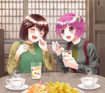 2girls blush brown_hair chips_(food) commentary_request commission cup elfen_lied food grey_shirt happy highres holding holding_cup holding_spoon horns indoors long_sleeves mayu_(elfen_lied) multiple_girls nana_(elfen_lied) necktie open_mouth parfait purple_eyes purple_hair shirt short_hair skeb_commission spoon striped_necktie tea yutaka_dao
