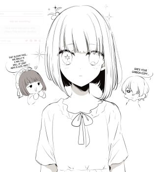 1boy 2girls arima_kana chinese_commentary commentary_request english_text father_and_daughter greyscale heart highres hoshino_aquamarine mismatched_pupils monochrome mother_and_daughter multiple_girls oshi_no_ko partial_commentary request_inset risdelusions second-party_source simple_background star-shaped_pupils star_(symbol) symbol-shaped_pupils white_background