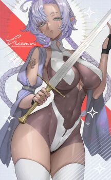 1girl bodystocking braid breast_curtains breasts cleavage covered_navel dark-skinned_female dark_elf dark_skin elf eyebrows_hidden_by_hair highres hitowa holding holding_sword holding_weapon large_breasts lips long_hair looking_at_viewer original pointy_ears purple_hair shoulder_tattoo solo sword tattoo thighhighs twin_braids weapon white_thighhighs