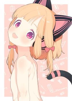 1girl animal_ear_headphones animal_ears blonde_hair blue_archive blush bow cat_ear_headphones cat_ears cat_tail completely_nude fake_animal_ears fake_tail flat_chest hair_bow head_tilt headphones loli looking_at_viewer low-tied_sidelocks momoi_(blue_archive) nipples nude open_mouth pink_bow pink_eyes red_bow saga_inu short_hair sidelocks smile solo tail teeth upper_body upper_teeth_only