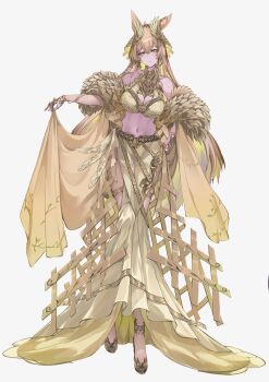 1girl absurdres animal_ears ankle_boots arknights bare_shoulders blonde_hair boots braid breasts bright_pupils cape cape_lift claw_ring cleavage closed_mouth collarbone colored_inner_hair dress earrings full_body fur_shawl gloves green_eyes grey_background hair_between_eyes hashtag-only_commentary head_tilt highres honeycomb_(pattern) jewelry kroos_(arknights) kuroroui large_breasts lifting_own_clothes long_hair long_legs looking_at_viewer midriff multicolored_hair navel pantyhose rabbit_ears rabbit_girl shawl side_slit simple_background single_earring smile solo standing thigh_strap tiptoes two-tone_hair unusually_open_eyes veil very_long_hair yellow_cape yellow_dress