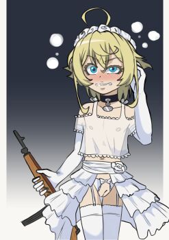 1girl ahoge blonde_hair blue_eyes blush bow bow_panties bridal_lingerie bridal_veil bride choker cleft_of_venus clothing_cutout collar crotch_cutout crotchless crotchless_panties dress elbow_gloves flat_chest garter_straps gloves gun holding holding_gun holding_weapon lewdtime lingerie looking_at_viewer medium_hair navel nipples panties pussy rifle see-through_clothes solo submachine_gun tanya_degurechaff thigh_gap thighhighs uncensored underwear veil weapon wedding_dress white_gloves white_panties white_thighhighs youjo_senki