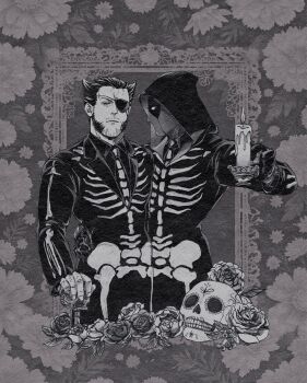 2boys absurdres alternate_costume azuko_(@zuco) beard candle candlestand cane closed_mouth collared_shirt commentary couple deadpool deadpool_&amp;_wolverine deadpool_(series) dia_de_muertos english_commentary eyepatch facial_hair flower formal_clothes gloves hand_on_another's_waist highres holding_candlestand hood hood_up james_bond_(series) long_sleeves male_focus marvel marvel mask multiple_boys necktie patch_(wolverine) rose shirt short_hair skeleton_print skull suit wolverine_(x-men) x-men yaoi