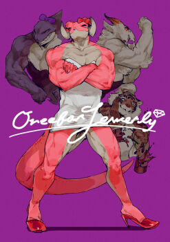 4boys body_fur bow buchou_wa_onee colored_skin commentary_request crossdressing crossed_arms dragon_boy dress english_text falnail_vincent furry furry_male goat_boy high_heels horns looking_at_viewer male_focus multiple_boys muscular muscular_male nagabe pink_eyes pink_skin purple_background red_bow shark_boy simple_background standing tail tiger_boy white_dress