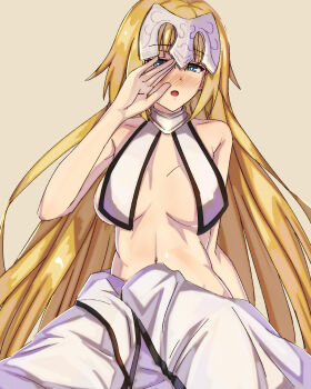 Rule 34 | 1girl, blonde hair, blue eyes, blush, breast curtains, breasts, collar, commentary request, elfenlied22, fate/grand order, fate (series), headpiece, highres, jeanne d'arc (fate), jeanne d'arc (ruler) (fate), jeanne d'arc (third ascension) (fate), large breasts, long hair, looking at viewer, metal collar, navel, off shoulder, open mouth, skirt, solo, very long hair, white skirt