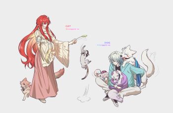 1boy 1girl ^_^ absurdres afterimage aglaea_(honkai:_star_rail) ahoge alternate_costume anaxa_(honkai:_star_rail) animal animal_on_back animal_on_lap animalization aqua_jacket arm_behind_back black_shirt black_shoes blanket blue_eyes blush blush_stickers castorice_(honkai:_star_rail) cat cipher_(honkai:_star_rail) closed_eyes clothed_animal collarbone crew_neck dog dog_on_lap eyepatch flower frown full_body green_hair grey_background grey_cat hair_between_eyes hair_flower hair_intakes hair_ornament hair_over_shoulder happy highres holding holding_animal holding_cat holding_cat_teaser honkai:_star_rail honkai_(series) hood hood_down hooded_jacket hyacine_(honkai:_star_rail) indian_style jacket jewelry jumping korean_commentary long_hair long_skirt looking_at_animal low_side_ponytail manggem_uu medical_eyepatch medium_hair motion_lines multicolored_eyes mydei_(honkai:_star_rail) necklace on_floor on_lap one_eye_covered open_clothes open_jacket orange_cat pants parted_lips pearl_necklace phainon_(honkai:_star_rail) pink_eyes pink_skirt playing pointy_ears poodle puff_of_air red_hair samoyed_(dog) shirt shoes sideways_glance simple_background sitting skirt smile standing sweatdrop tribios_(honkai:_star_rail) two-tone_eyes white_pants white_shirt white_shoes wide_sleeves yellow_cat