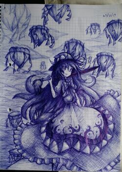 Rule 34 | 1girl, boots, bow, commentary request, dated, floating rock, food, frilled skirt, frills, fruit, fruit hat ornament, hat, hatching (texture), herushiart, highres, hinanawi tenshi, holding, holding sword, holding weapon, kaname-ishi, lace-up boots, long hair, looking at viewer, monochrome, on rock, open mouth, over shoulder, peach, peach hat ornament, rock, rope, shide, shimenawa, short sleeves, signature, skirt, smile, solo, spanish commentary, sword, sword of hisou, sword over shoulder, touhou, very long hair, weapon, weapon over shoulder