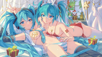 2girls absurdres animal_ear_hairband animal_ears ass_cutout bell bikini black_thighhighs blue_bikini blue_eyes blue_hair blue_necktie blush border box breasts cat_ears chinese_commentary clothes_pull clothing_cutout collared_shirt commentary_request covered_erect_nipples curtains detached_sleeves egg_vibrator fake_animal_ears feet food_on_body food_on_breasts gift gift_box hairband hand_on_another's_waist hatsune_miku headset highres indoors innga_hui licking_lips long_hair looking_at_viewer lying medium_breasts multiple_girls navel necktie no_shoes on_back on_stomach open_clothes open_shirt red_bikini remote_control_vibrator santa_claus selfcest sex_toy shirt side-tie_bikini_bottom single_breast skirt skirt_pull smile striped_bikini striped_clothes swimsuit thighhighs toes tongue tongue_out twintails v vibrator vocaloid white_bikini white_shirt white_thighhighs yuri