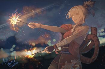 Rule 34 | 1girl, absurdres, agito (agitoishere), bandaged arm, bandaged leg, bandages, blurry, blurry background, breasts, choker, commentary request, fingernails, fireworks, genshin impact, gloves, highres, holding, holding fireworks, japanese clothes, kimono, laughing, long hair, nail polish, night, open mouth, orange kimono, outdoors, ponytail, red nails, sky, smile, solo, tattoo, waving, yoimiya (genshin impact)