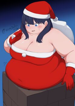 1girl black_hair blue_background blue_eyes blush breasts chimney christmas cleavage covered_navel dress embarrassed empty_eyes fat fat_rolls fat_woman fur-trimmed_dress fur-trimmed_gloves fur_trim gloves gridman_universe hat holding holding_sack large_breasts masakin medium_hair obese open_mouth red_dress red_gloves red_hat sack santa_costume santa_dress santa_hat solo ssss.gridman strapless strapless_dress stuck sweat takarada_rikka thick_arms twitter_username