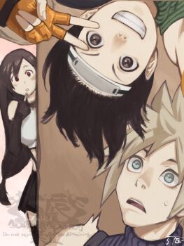 1boy 2girls 5tatsu artist_name black_gloves black_hair black_shirt black_skirt black_thighhighs blonde_hair blush breasts brown_eyes brown_hair cloud_strife commentary_request crop_top elbow_gloves envy final_fantasy final_fantasy_vii final_fantasy_vii_rebirth final_fantasy_vii_remake finger_to_mouth fingerless_gloves gloves green_shirt grey_eyes grin highres long_hair low-tied_long_hair maid_headdress medium_breasts midriff miniskirt multiple_girls open_mouth orange_gloves parted_lips red_eyes shirt single_bare_shoulder skirt sleeveless sleeveless_turtleneck smile spiked_hair suspenders sweatdrop thighhighs tifa_lockhart turtleneck upper_body upside-down v white_shirt yuffie_kisaragi