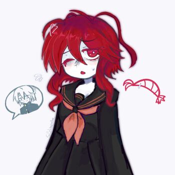 Rule 34 | 1girl, antennae, black sailor collar, black serafuku, black skirt, bright pupils, colored skin, flying sweatdrops, funamusea, hijoushiki roc, jitome, lobco (funamusea), lobster, neckerchief, one eye closed, oounabara to wadanohara, open mouth, pleated ksirt, red eyes, red hair, red neckerchief, sailor collar, sam (sillylinariafan), school uniform, serafuku, sidelocks, signature, simple background, skirt, small sweatdrop, speech bubble, spoken character, sweatdrop, teardrop, white background, white pupils, white skin