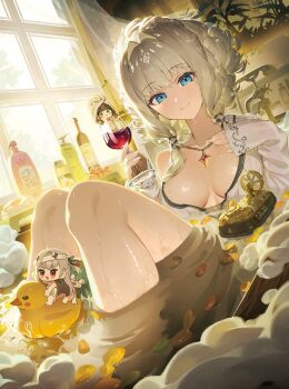 absurdres alcohol bath blonde_hair blue_eyes bottle chime_(nikke) crown_(nikke) dl_(dl_6ix) goddess_of_victory:_nikke highres hovercraft kilo_(nikke) modernia_(nikke) modernia_(second_affection)_(nikke) red_wine smile talos_(nikke) watercraft wet white_knight_(nikke) wine wine_bottle