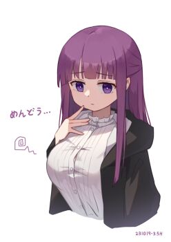 1girl absurdres black_coat blunt_bangs breasts button_gap closed_mouth coat commentary_request completion_time cropped_torso dated dress fern_(sousou_no_frieren) highres kizuna_sora large_breasts long_hair open_clothes open_coat purple_eyes purple_hair sidelocks simple_background solo sousou_no_frieren translation_request white_background white_dress