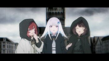 3girls ^_^ ange_katrina anime_screenshot artist_request belt black_belt black_cloak black_coat black_hood blue_eyes blue_hair blunt_bangs blurry blurry_background brown_hair cloak closed_eyes coat covering_own_mouth crossed_bangs day fangs group_picture hair_between_eyes hair_ornament hand_over_own_mouth hand_up highres hood hood_down hood_up hooded_cloak hooded_coat inui_toko laughing letterboxed lize_helesta long_hair looking_at_another multicolored_hair multiple_girls nijisanji official_alternate_costume official_art open_mouth outdoors overcast page_of_lambda purple_eyes rain raised_inner_eyebrows red_hair sanbaka_(nijisanji) second-party_source sky sleeve_cuffs smile streaked_hair town two-tone_hair virtual_youtuber white_coat white_hair