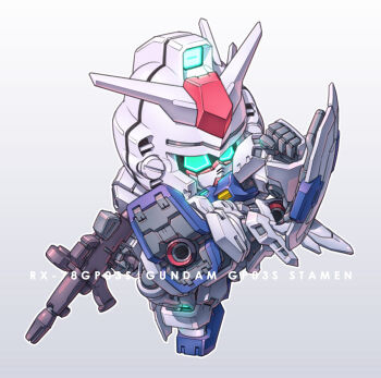 beam_rifle character_name chibi commentary energy_gun full_body glowing glowing_eyes green_eyes gun gundam gundam_0083 holding holding_gun holding_weapon kicking mecha mobile_suit no_humans robot sd_gundam shield susagane thrusters v-fin weapon