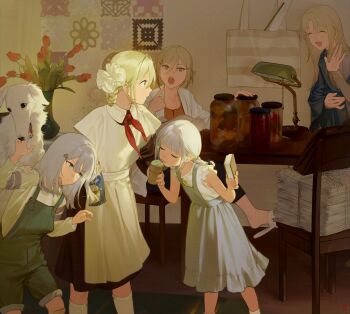 6+girls aqua_eyes aunt_and_niece black_dress black_pants blonde_hair borzoi braid chair character_request closed_eyes desk_lamp dog dress duoyuanjun flower food girls'_frontline grey_dress hair_between_eyes hair_ornament hairpin highres holding holding_food holding_ice_cream ice_cream indoors jar lamp licking looking_at_another mole mole_under_mouth mother_and_daughter multiple_girls multiple_hairpins neckerchief open_mouth overalls pants paper_stack plant pointing pointing_at_self potted_plant red_neckerchief school_uniform shaw_(girls'_frontline) sitting slippers smile socks soviet_school_uniform standing tongue tongue_out tulip vase white_hair white_socks