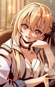 1girl alisa_reinford blonde_hair breasts choker cleavage commentary_request cup dated double-parted_bangs eiyuu_densetsu front_zipper hand_on_own_cheek hand_on_own_face highres indoors large_breasts long_hair long_sleeves partially_shaded_face portrait red_choker red_eyes sen_no_kiseki sen_no_kiseki_(series) sen_no_kiseki_iii side_ponytail signature smile solo steaming_cup tinybiard twitter_username wing_collar