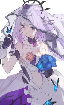1girl black_tiara blue_butterfly blue_flower bouquet bow breasts bright_pupils bug butterfly butterfly_earrings butterfly_ornament castorice_(honkai:_star_rail) choker circlet closed_mouth clothing_cutout commentary cowboy_shot dress dress_bow earrings enqiddo floating_clothes floating_hair flower flower_ornament gloves gradient_hair hair_between_eyes hair_bow hair_flower hair_ornament half-closed_eyes hands_up highres holding holding_bouquet honkai:_star_rail honkai_(series) insect jewelry leaf long_hair looking_at_viewer low_twintails medium_breasts multicolored_hair pink_flower pink_hair pointy_ears purple_bow purple_choker purple_dress purple_eyes purple_flower purple_gloves purple_hair ring see-through_clothes see-through_veil sidelocks simple_background single_earring sleeveless sleeveless_dress solo standing tiara twintails two-tone_dress veil white_background white_bow white_dress white_flower white_pupils wrist_cuffs yellow_flower