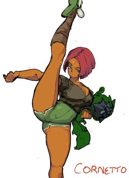 1girl arc_system_works blue_eyes breasts cleavage cornettoart dark-skinned_female dark_skin giovanna_(guilty_gear) guilty_gear guilty_gear_strive highres red_hair rei_(guilty_gear) sandals shirt shorts socks split standing standing_on_one_leg standing_split