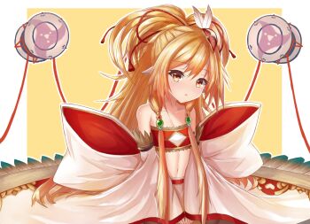 1girl back_bow bare_shoulders border bow breasts censored clothing_cutout collarbone commentary_request detached_sleeves drum floating_instrument fur-trimmed_sleeves fur-trimmed_tube_top fur_trim granblue_fantasy hair_ornament hair_tubes highres instrument loli long_hair long_sleeves looking_at_viewer mahira_(granblue_fantasy) messy_hair navel orange_eyes orange_hair outside_border parted_lips pointy_ears red_tube_top sitting small_breasts solo stomach strapless tassel tassel_hair_ornament tsuzumi tube_top very_long_hair wariza white_background white_border white_bow wide_sleeves wrightia