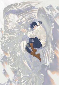 Rule 34 | 1boy, 1other, absurdres, black hair, blouse, boots, brown boots, commentary request, curled up, feathered wings, full body, gost 56, hammer, highres, holding, holding hammer, holding hands, knee up, korean commentary, lens flare, muscular, muscular male, original, out of frame, outstretched arm, robe, shirt, short hair, statue, white robe, white shirt, white wings, wings