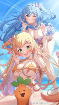 2girls ahoge alternate_costume between_legs bikini blonde_hair blue_hair blue_nails blue_sky blush bow breasts cleavage closed_mouth commentary_request crossed_bangs day double_v elf familiar fang frilled_bikini frills front-tie_bikini_top front-tie_top gradient_hair green_eyes hair_bow hair_ornament hairclip highres hololive large_breasts leaning_forward long_hair looking_at_viewer momosuzu_nene multicolored_hair multiple_girls nail_polish nekko_(momosuzu_nene) ocean on_ass open_mouth orange_bikini orange_nails outdoors pink_bikini pink_bow pink_hair pointy_ears rainbow side_ponytail sitting skin_fang sky smile suicabar72 sweat swimsuit twitter_username v very_long_hair virtual_youtuber wariza watermark yellow_eyes yukihana_lamy yukimin_(yukihana_lamy)