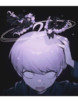 1boy 1girl @_@ ahoge bare_shoulders black_background black_crown black_dress black_footwear boots braid clone crown dress hai_(haihki) hand_on_own_head highres long_hair master_detective_archives:_rain_code portrait purple_hair shinigami_(rain_code) short_hair simple_background star_(symbol) sweat thigh_boots twin_braids yuma_kokohead