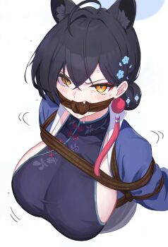1girl animal_ears bdsm blue_archive bondage bound breasts china_dress chinese_clothes cleave_gag cloth_gag commentary_request dress gag gagged glaring highres improvised_gag kaguya_(blue_archive) knot_gag large_breasts raftetram restrained scowl shibari solo