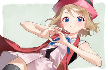 1girl :3 blonde_hair blue_eyes blue_ribbon closed_mouth commentary_request dress eyelashes hands_up hat heart heart_hands highres korean_commentary looking_at_viewer neck_ribbon nintendo pink_hat pokemon pokemon_(anime) pokemon_xy_(anime) pokesudal ribbon serena_(pokemon) short_hair smile solo thighhighs