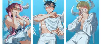 1girl 2boys absurdres alien_stage alternate_costume angel angel_wings aqua_eyes asymmetrical_shirt blonde_hair blush bracelet breasts colored_extremities colored_eyelashes commentary dress english_commentary frilled_sleeves frills grey_hair halo hands_on_own_face head_wings highres jewelry kuradrawings long_hair long_sleeves looking_at_viewer luka_(alien_stage) mizi_(alien_stage) multiple_boys open_clothes open_shirt pants pectorals pink_hair shirt short_hair smile thigh_strap till_(alien_stage) traditional_halo very_short_hair white_dress white_pants white_shirt white_wings wings yellow_eyes