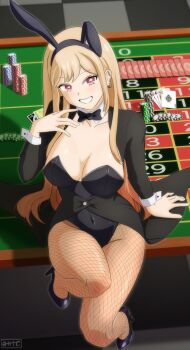 1girl absurdres animal_ears balatro blonde_hair bow bowtie breasts breasts_apart card casino detached_collar earrings fishnet_thighhighs fishnets gros_michel_(balatro) high_heels highres jewelry kitagawa_marin long_hair looking_at_viewer mesh multicolored_hair oxicmar playboy_bunny playing_card poker_chip rabbit_ears red_eyes roulette_table sitting smile sono_bisque_doll_wa_koi_wo_suru table thighhighs two-tone_hair uno_(game)