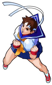 Rule 34 | 1990s (style), 1girl, absurdres, angry, bengus, blue sailor collar, brown eyes, brown hair, capcom, clenched hands, fingerless gloves, game cg, gloves, headband, highres, kasugano sakura, legs apart, looking at viewer, marvel super heroes vs. street fighter, marvel vs. capcom, mma gloves, non-web source, official art, open mouth, retro artstyle, sailor collar, school uniform, serafuku, shoes, short hair, simple background, sneakers, solo, street fighter, teeth, undershirt, upper body, white background, white headband