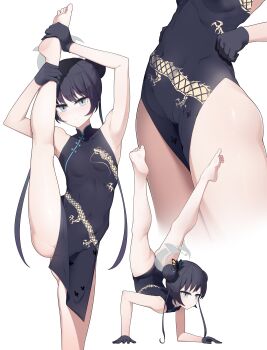 1girl absurdres armpits ass bare_shoulders barefoot black_dress black_gloves black_hair blue_archive breasts butterfly_hair_ornament cameltoe china_dress chinese_clothes close-up covered_navel double_bun dragon_print dress expressionless flexible frown gloves googoogaagaa grey_eyes grey_halo hair_bun hair_ornament halo handstand highres kisaki_(blue_archive) leg_lift legs long_hair looking_at_viewer no_panties pelvic_curtain print_dress simple_background sleeveless sleeveless_dress small_breasts split standing standing_on_one_leg standing_split twintails very_long_hair white_background