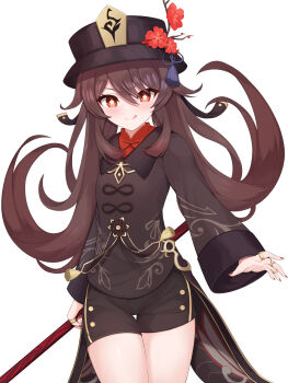 1girl :p absurdres black_hat bright_pupils brown_coat brown_hair brown_shorts coat coattails commentary cowboy_shot flower flower-shaped_pupils genshin_impact hair_between_eyes hat hat_flower hat_tassel highres holding holding_polearm holding_weapon hu_tao_(genshin_impact) jewelry kurotsubete long_hair looking_at_viewer multiple_rings polearm red_background red_eyes red_nails ring shorts solo symbol-shaped_pupils tongue tongue_out twintails weapon white_pupils