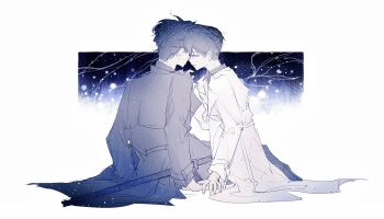 2boys 8612starreader black_coat black_hair black_shirt closed_eyes coat collared_shirt forehead-to-forehead full_body grin hashtag-only_commentary heads_together highres holding_hands kim_dokja male_focus multiple_boys omniscient_reader's_viewpoint open_clothes open_coat popped_collar shirt short_hair sitting smile starry_sky_print white_coat yoo_joonghyuk