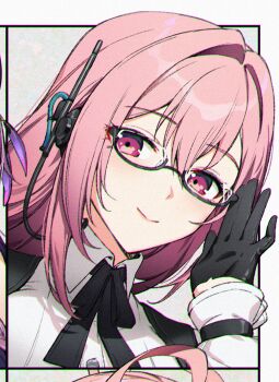 1girl adjusting_eyewear black-framed_eyewear black_gloves chromatic_aberration closed_mouth commentary_request dl_(dl_6ix) earpiece glasses gloves hair_intakes hair_ribbon heavy_chromatic_aberration korean_commentary long_hair looking_at_viewer neck_ribbon pink_eyes pink_hair portrait ribbon semi-rimless_eyewear sidelocks smile tsukishiro_yanagi under-rim_eyewear zenless_zone_zero