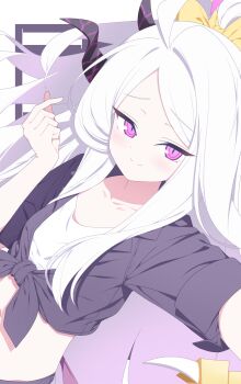 absurdres ahoge black_halo blue_archive blush breasts demon_girl demon_horns halo highres horns long_hair looking_at_viewer navel purple_eyes small_breasts surps upper_body very_long_hair white_hair
