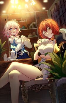 Rule 34 | 2girls, absurdres, arm under breasts, black choker, blue eyes, chinese commentary, choker, commentary, crossed legs, cup, dress, highres, himeko (honkai: star rail), holding, holding cup, holding plate, honkai: star rail, honkai (series), kugu natie, looking at viewer, march 7th (honkai: star rail), medium hair, multiple girls, pink hair, plate, red hair, shirt, smile, white dress, white shirt, yellow eyes